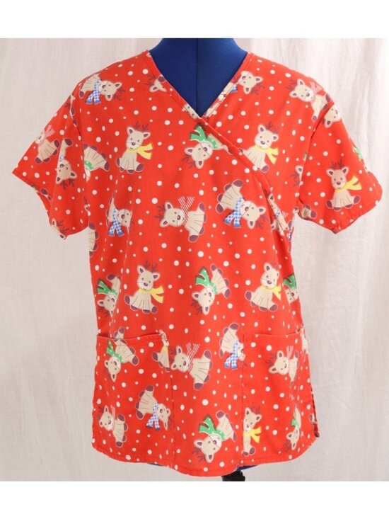 RMF Scrubs Tops - Scrub Top Womens XS Red Polka Dot Christmas Reindeer Medical Uniform Shirt VTG